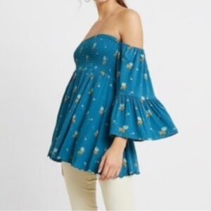 Free People Floral Off-Shoulder Blue Top